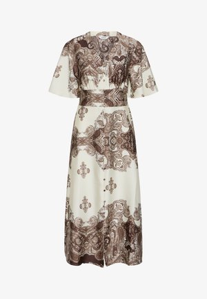 Vestido midi con botones en la parte delantera, mangas cortas amplias, escote en V, cintura ceñida y estampado de cachemira marrón sobre fondo crema.
