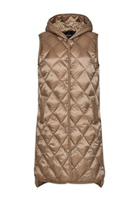 Vadderad ärmlös väst i ljusbrun, med huva och tryckknappsstängning. Har sidofickor och en glänsande, slät textur.