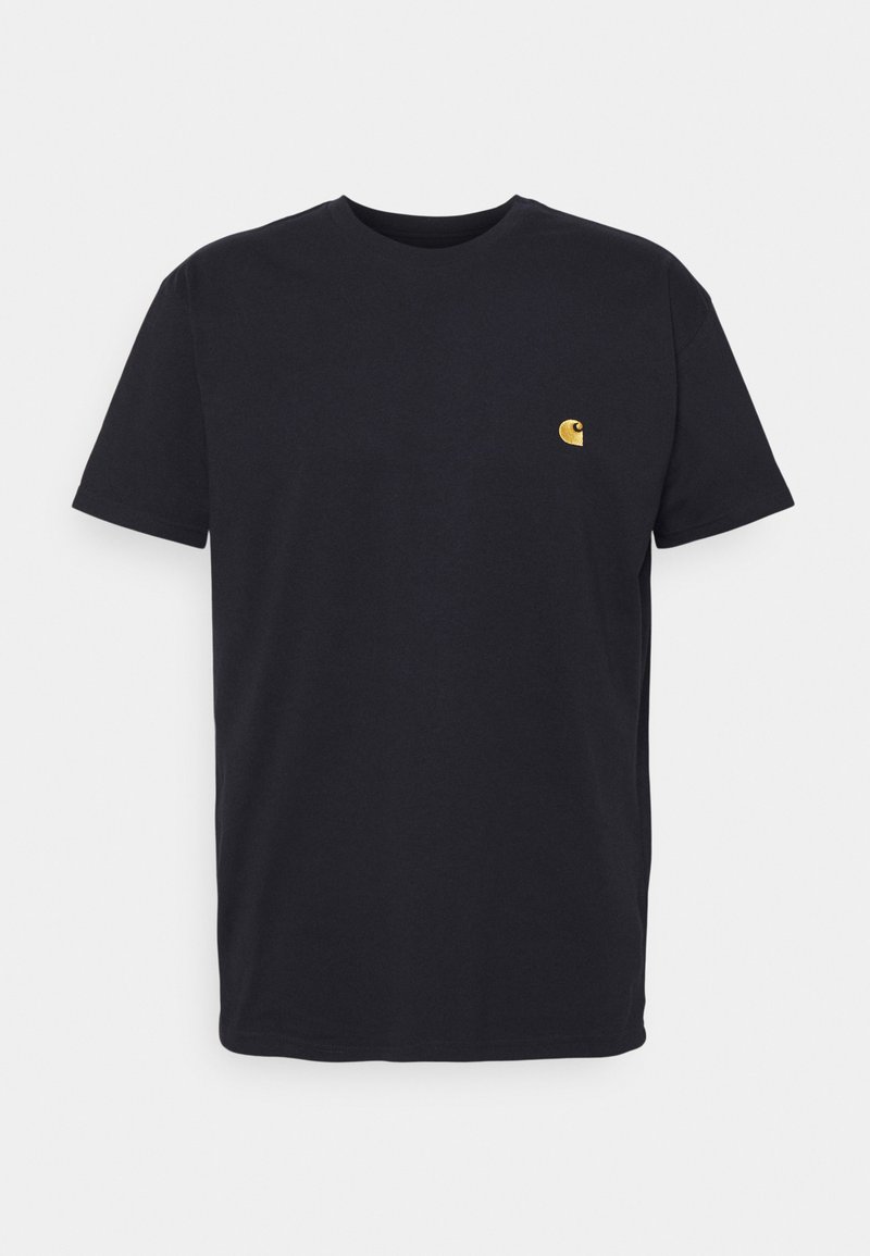 Black cotton T-shirt with a classic crew neck, short sleeves, and a small golden logo on the left chest. Regular fit and smooth texture.