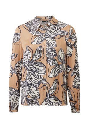 Overhemd met lange mouwen en knopen, met een beige basis en een groot zwart-wit bloemenpatroon, voorzien van een klassieke kraag en omslagmouwen.
