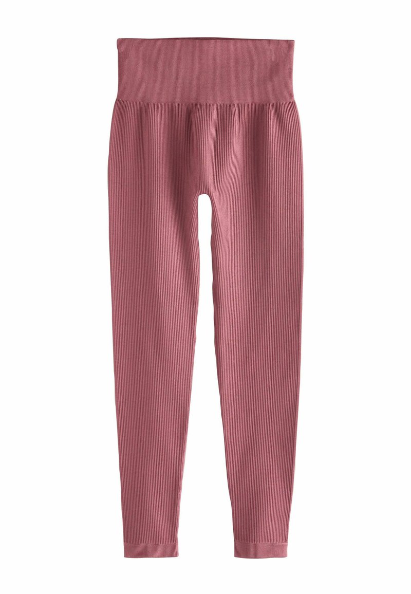 Csíkozott leggings, tompa rózsaszínben. Széles, rugalmas derékpánttal és testhezálló szabással rendelkezik, rugalmas anyagból készült a kényelem érdekében.
