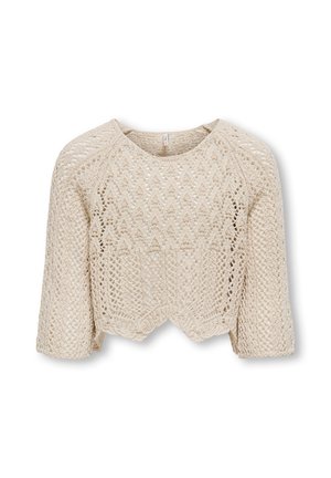 Maglione corto beige lavorato a maglia con intricati motivi a chevron e pizzo a forma di diamante e maniche alla lunghezza del gomito.