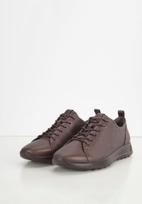 Sneakers in pelle marrone liscia con punta arrotondata, design con lacci, collo imbottito e suole in gomma. Stile minimalista senza loghi visibili.