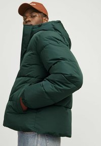 Grøn pufferjakke med høj krave og hætte, med quiltet tekstur og sidelommer. Båret over en brun sweater og denimjeans.