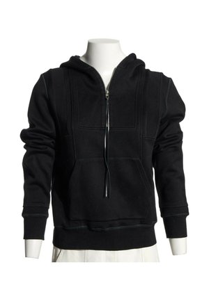 Sweat à capuche noir zippé avec poche avant et cordon de serrage à la capuche, présenté sur un buste de mannequin blanc sur fond blanc.