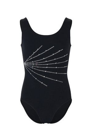 Schwarzer ärmelloser Trikot mit rundem Ausschnitt, verziert mit silbernen Strasssteinen, die diagonal über die Vorderseite strahlen.