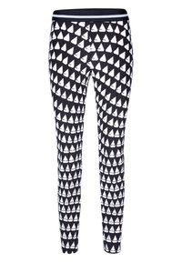 Leggings met een zwart-wit geometrisch zeilbootpatroon, aansluitend ontwerp, zachte stof en een effen zwarte tailleband.