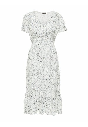 White dress featuring a floral pattern in blue and green, V-neckline, short flutter sleeves, and a tiered skirt with a smocked waist.