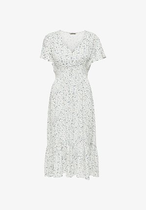 White dress featuring a floral pattern in blue and green, V-neckline, short flutter sleeves, and a tiered skirt with a smocked waist.