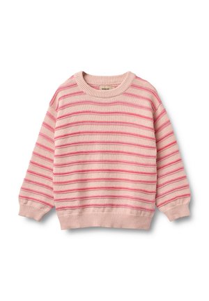 Pull rose tricoté à manches longues avec des rayures horizontales rose foncé, poignets, ourlet et encolure ronde côtes.