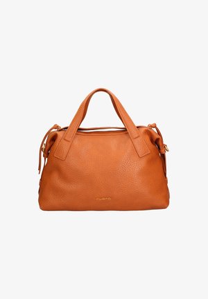 Borsa in pelle arancione con finitura testurizzata, due manici superiori e un logo dorato. Chiusura con zip e accenti laterali regolabili.