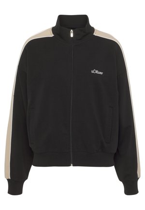 Black zip-up jacket made of cotton, featuring beige side stripes and embroidered logo on the chest. Smooth texture, relaxed fit.