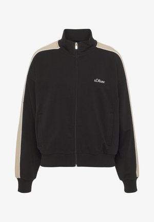 Black zip-up jacket made of cotton, featuring beige side stripes and embroidered logo on the chest. Smooth texture, relaxed fit.