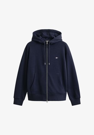 Sweat à capuche bleu marine zippé avec cordon de serrage, poches avant, poignets côtelés et petit logo poitrine sur le côté gauche.