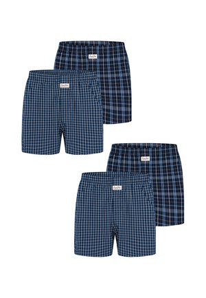 Quattro paia di boxer da uomo con vita elasticizzata a quadri in varianti di colore blu e nero, disposti in due file su sfondo bianco.