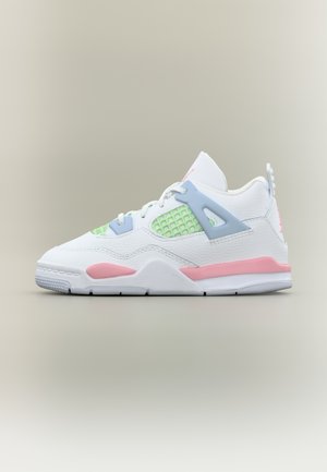 White sneaker featuring green mesh accents, blue hardware, and pink details on the sole. Textured upper with laces, low-profile design.