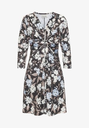 Schwarzes knielanges Kleid mit hellblauem und weißem Blumenmuster, langen Ärmeln und verdrehtem Knotendetail an der Brust.