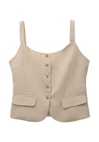 Haut court côtelé beige avec fines bretelles, cinq boutons sur le devant et deux poches avant.