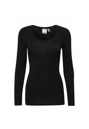 Black long-sleeve top with a rounded neckline, made from a soft, stretchy fabric. Features a fitted silhouette and minimalistic design.