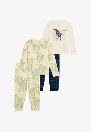 Two sets of children's pajamas: yellow top with green dinosaur prints, and a white long-sleeve shirt with blue dinosaur graphic. Blue checkered pants.