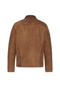 Giacca in suede marrone con maniche lunghe, schiena dritta e collo marrone scuro, mostrata di spalle su uno sfondo bianco.