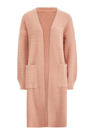 Langer, weicher, rosa Strickcardigan mit strukturiertem Muster, offenem Vorderteil, langen Ärmeln und zwei aufgesetzten Taschen vorne.