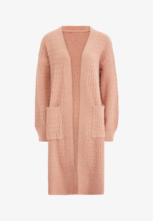 Dlouhý měkký růžový pletený cardigan s texturovaným vzorem, otevřený vpředu, s dlouhými rukávy a dvěma předními kapsami.