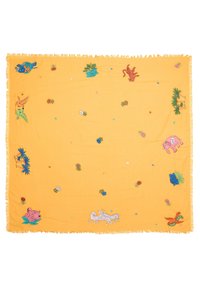 Yellow fabric square with fringed edges, featuring colorful embroidered animals and floral patterns throughout in various sizes and designs.