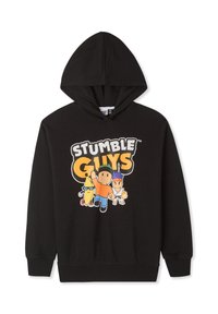 Felpa nera con personaggi colorati di Stumble Guys e testo davanti, con una banana, un personaggio in arancione e un combattente con capelli blu.