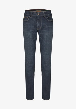 Dark blue denim jeans with a slim fit, featuring a classic five-pocket design and contrasting stitching along the seams.