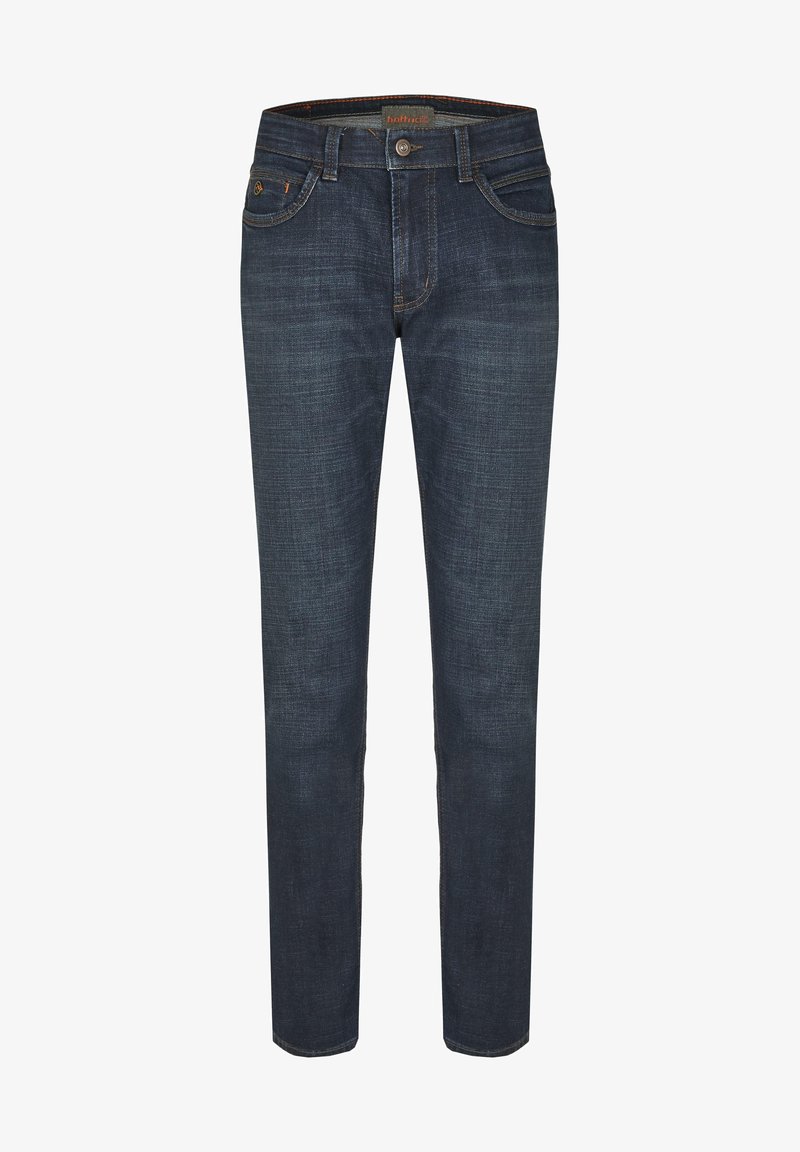 Dunkelblaue Jeans im Slim-Fit-Style mit klassischem Fünf-Taschen-Design und kontrastierenden Nähten entlang der Nähte.