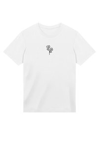 Weißes Baumwoll-T-Shirt mit Rundhalsausschnitt, das eine einfache schwarze Linzeichnung von zwei Blumen in der Mitte zeigt. Kurze Ärmel, lässige Passform.