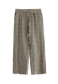 Czarno-beżowe spodnie lounge w kratkę gingham, z elastycznym pasem i regulowanym sznurkiem, wykonane z lekkiego materiału.