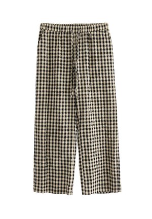 Pantaloni de lounge cu model în carouri negre și bej, dotati cu talie elastică și șnur ajustabil, realizati dintr-un material ușor.