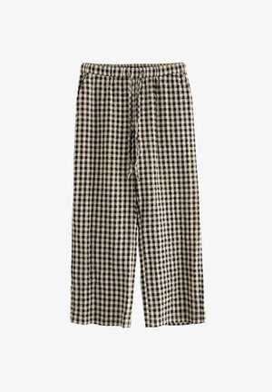 Black and beige gingham check patterned lounge pants with an elastic waistband and adjustable drawstring, made from a lightweight fabric.