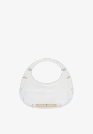 Borsa in acrilico trasparente con parte superiore arrotondata e manico aperto. Presenta dettagli in hardware dorato e una superficie liscia e lucida.