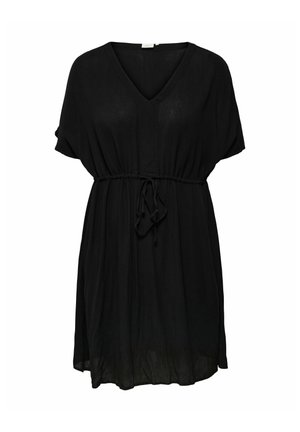 Vestito nero a maniche corte con scollatura a V, vita arricciata e cordoncino regolabile. Realizzato in tessuto leggero con una finitura leggermente strutturata.