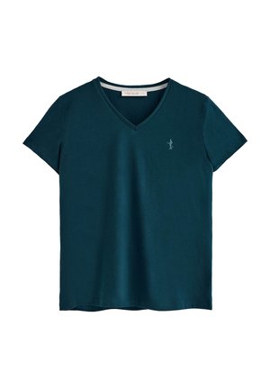 Teal kleurige T-shirt met korte mouwen en V-hals, gemaakt van katoen, met een klein geborduurd logo op de linkerborst. Glad materiaal en een ontspannen pasvorm.