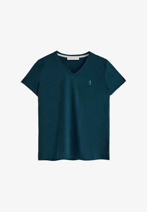 Teal kleurige T-shirt met korte mouwen en V-hals, gemaakt van katoen, met een klein geborduurd logo op de linkerborst. Glad materiaal en een ontspannen pasvorm.