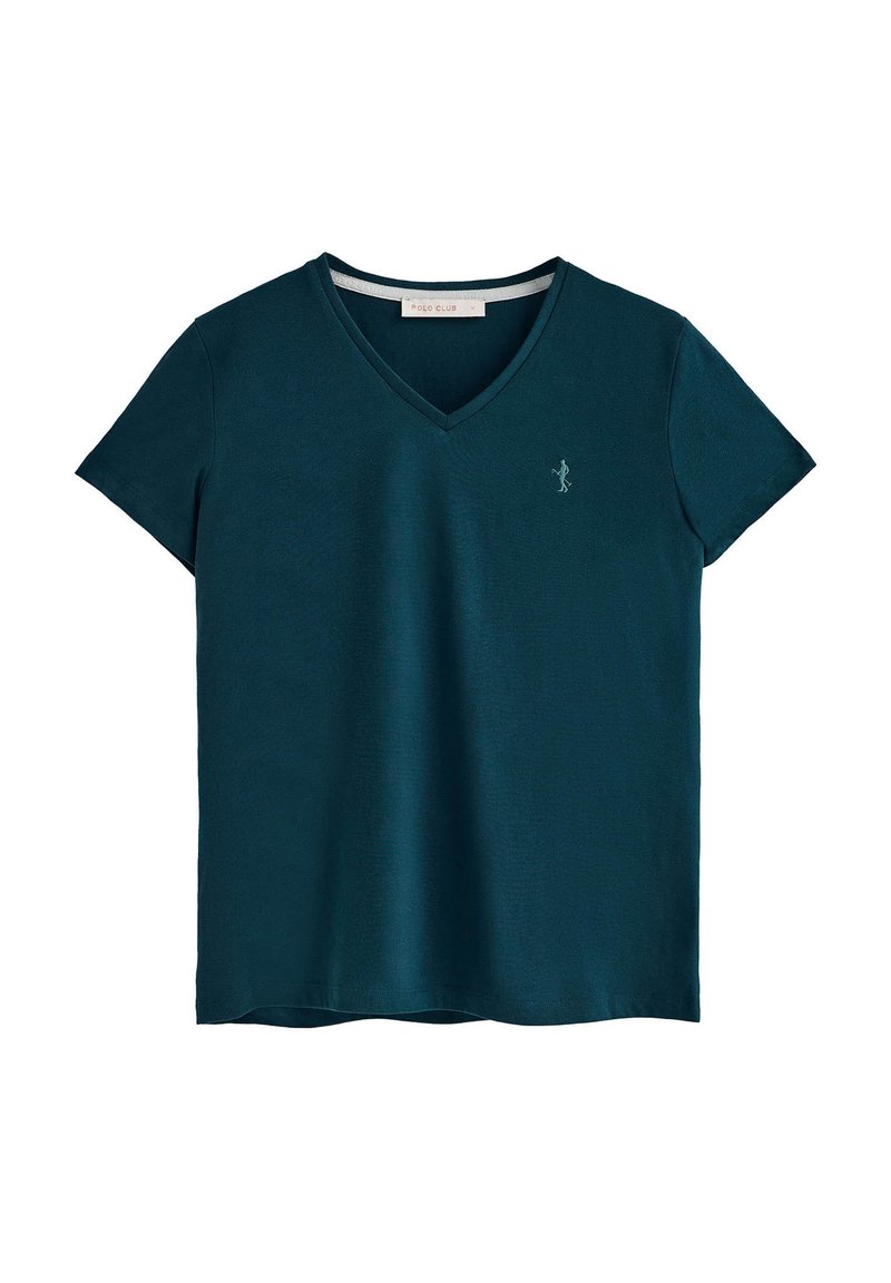 T-shirt en coton à manches courtes et décolleté en V de couleur sarcelle, avec un petit logo brodé sur la poitrine gauche. Texture lisse et coupe décontractée.