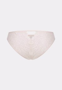 Kantondergoed in lichtroze met een bloemenpatroon, voorzien van een V-vormige uitsnijding aan de achterkant en een soepele elastische tailleband. Zachte, delicate textuur.