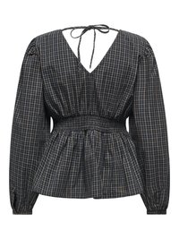 Črno-bež karo bluza z dolgimi rokavi, s pritisnjenim pasom, z V-izrezom in zavezovanjem na hrbtni strani izreza vratu.
