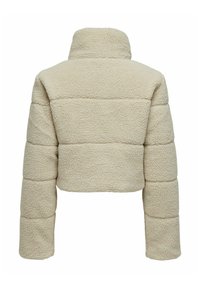 Korte crèmekleurige jas van gestructureerde fleece met een hoge kraag en diagonale naaddetails op de rug en mouwen.
