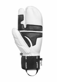 Weiße und schwarze Winterhandschuhe, aus Leder und synthetischen Materialien gefertigt. Verfügt über ein strukturiertes Design, einen Handgelenkriemen und hervorgehobene Markenkennzeichnung.
