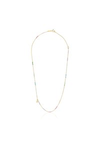 Collar en tono dorado con una cadena delicada, que presenta pequeñas cuentas multicolores en verde, azul, rosa y morado, con un pequeño colgante.