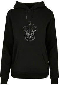 Felpa con cappuccio nera realizzata in tessuto morbido con tasca frontale. Presenta una grafica bianca di un cervo e il testo "EXPECTO PATRONUM!" sul petto.