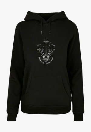 Melnā kapuce džemperis, izgatavots no mīkstas auduma, ar priekšējo kabatu. Uz krūšu daļas ir balta grafika ar stāvu un teksts "GAIDĪT PATRONU!"