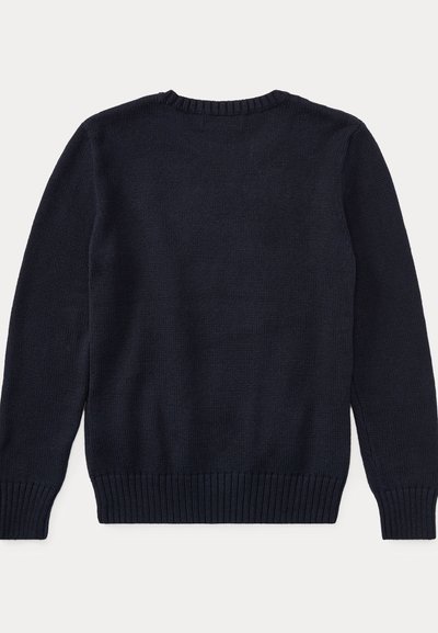 Pull en tricot bleu marine foncé à manches longues avec bords-côtes aux poignets, à l'ourlet et à l'encolure ronde, posé à plat montrant le dos.