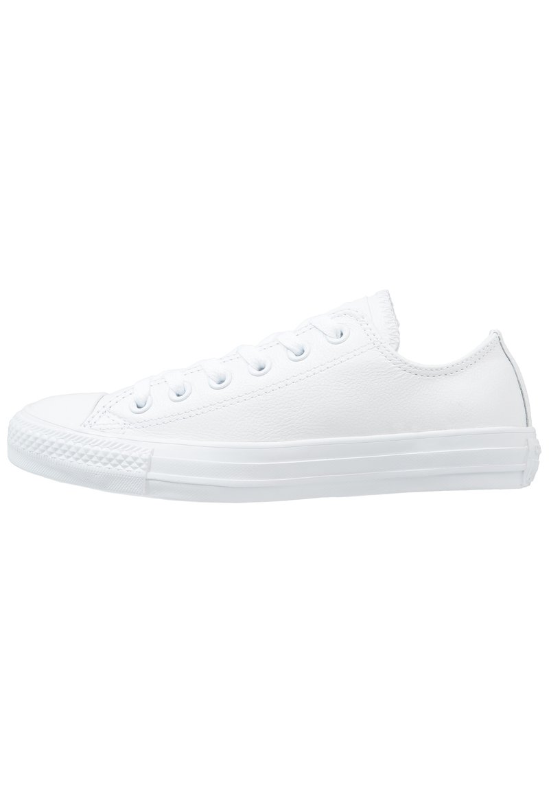 Weiße Low-Top-Sneaker mit einem glatten Lederobermaterial, runder Zehenpartie, sechs Ösen und einer strukturierten Gummisohle mit einem Rautenmuster.