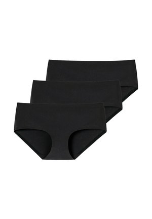 Trzy czarne, bezszwowe figi damskie w stylu hipsterskim ułożone jedna na drugiej na białym tle.